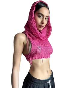 Women Knitted Hoodie Sweater Vest Sleeveless Hollow Out Hooded Crop Top Streetwear Rave Oufit - 玫紅色 - 查看 1