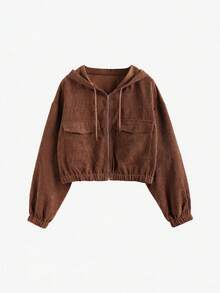 女士棕色灯芯绒拉链连帽夹克，时尚优雅的秋季外套