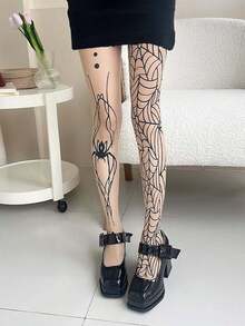 1 双裸色万圣节女式渔网紧身裤，薄蕾丝蜘蛛网哥特式 AB 连裤袜，蜘蛛条纹交叉紧身长袜，Y2K 性感黑色紧身袜 - 金色 - 查看 9