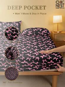 1pc Black & Pink Plaid Bow Pattern Fitted Sheet, Mattress Protector, Valentine's Heart Mattress Cover, Soft & Breathable Bedsheet, Fits Twin, Full, Queen, King Size Beds, Deep Pocket Design, Home Textile, Suitable For Dorm Beds - Black - View 4