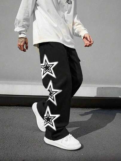 Men's Fashionable Streetwear Star Print Multi-Pocket Drawstring Waist Cargo Pants, Water-Resistant Fabric, Waterproof