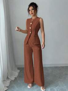 2 件套女士纯色单排扣金属纽扣圆领背心和裤子休闲宽松西装