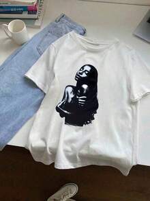 Women's Loose Street Style Vintage Pop Fun Portrait Print Short Sleeve T-Shirt, Streetwear, Tops - White - View 6