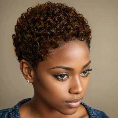 Pixie Cut Short Afro Curly Wave Wig - Brazilian Virgin Human Hair Glueless Wig, Brown Honey Blonde With Volume & Layered Texture, 200% Density Machine-Made For Daily Wear & Special Events - Rose Net Cap, Comfortable & Natural Look, Easy To Style