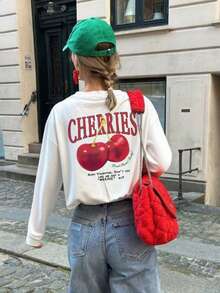 2025 秋冬新款女装时尚简约百搭休闲樱桃标志印花宽松圆领长袖 T 恤，展现您的独特风格：探索我们的女士长袖 T 恤系列，具有有趣的图案、大胆的色彩和经典的轮廓