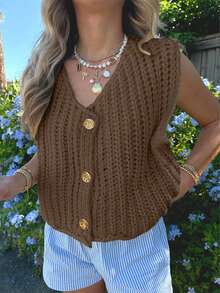 Chaleco de punto acanalado holgado y casual para mujer con botones dorados vintage en la parte delantera y cuello en V, de longitud regular, elegante para atuendos de moda de otoño e invierno - Camel - Ver 7