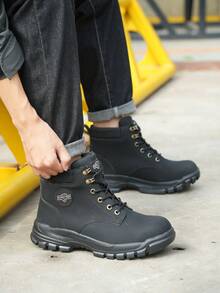 Men's Solid Color Classic High Top Plain Toe Steel Toe & Puncture Proof Safety Boots, Comfy Non Slip Durable Lace Up Work Shoes, Men's Constructional & Industrial Footwear - Black - View 9