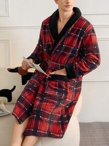 Black & Red Plaid Christmas Shawl Neck Flannel Casual Robe With Belt For Men, Autumn/Winter, Fluffy, Cozy