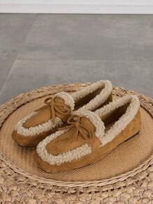 女士时尚复古绒面革毛绒保暖一脚蹬乐福鞋，棕色方头百搭舒适蝴蝶结平底鞋，2025 年秋冬新品 - 棕色 - 查看 3