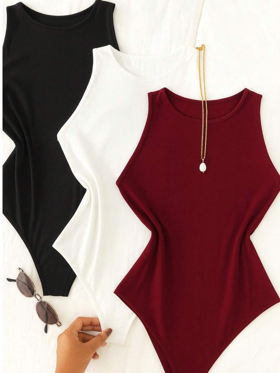 Bori Women's Bodysuit Kit, Bory Tank Top, Versatile, Casual, Closed Back, Second Skin, Basic, Stylish, Various Colors - 黑白 - 查看 1