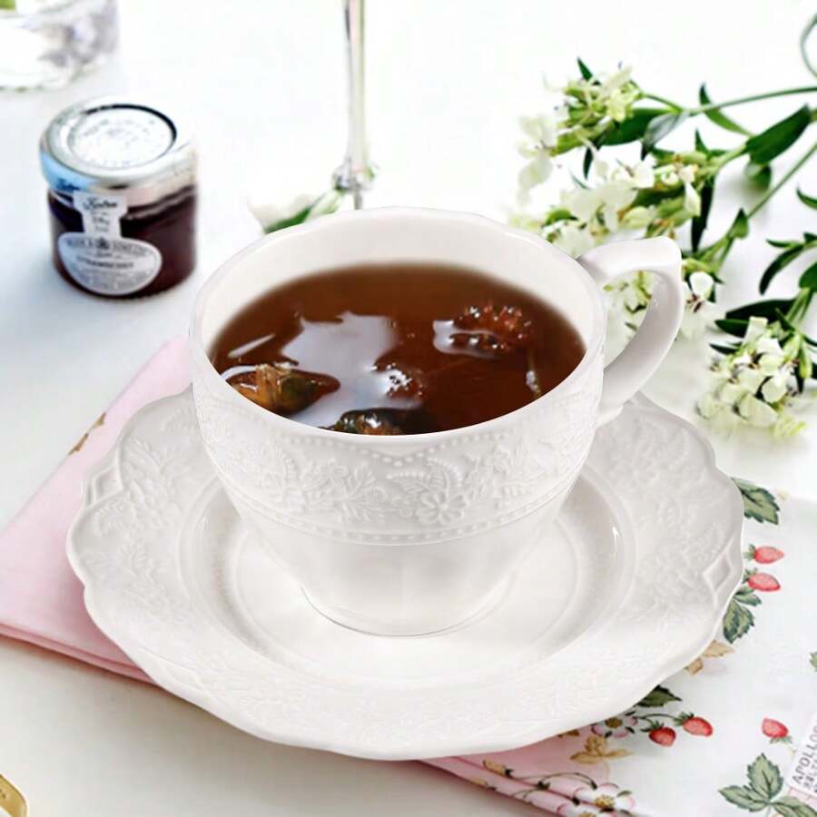 1 zestaw 6-uncjowych białych kubków do cappuccino - duża ceramiczna filiżanka do kawy ze spodkiem - do mikrofalówki i zmywarki, idealna do herbaty, espresso, latte - porcelanowy zestaw do kuchni lub kawiarni, dla baristów, ceramiczna filiżanka do espresso ze spodkiem, 6-uncjowa filiżanka do cappuccino, zabytkowe filiżanki do kawy w stylu kawiarnianym, do espresso i kawy po turecku, kubki do latte w stylu farmhouse, filiżanki do herbaty i spodki, porcelanowy zestaw dla baristów, pomysł na prezent