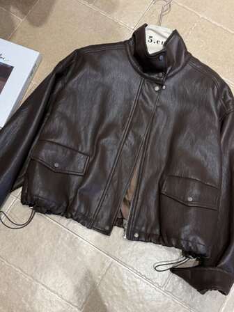 Women's Solid Color Front Zipper Button Casual Leather Jacket