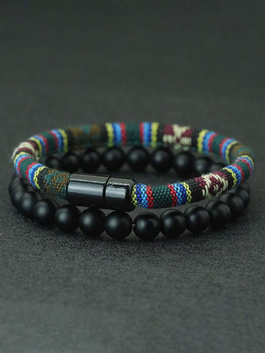 Noter 2件/套 手工石珠手链吊坠 磁性波西米亚风手链 男士饰品 - 男士手繩手鍊套裝 - 查看 1