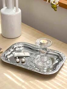 1 pieza Bandeja de joyería rectangular plateada en vintage/Bandeja de acero inoxidable para alimentos: Ideal para almacenar joyas, cosméticos - Adecuado para la organización del escritorio - Plateado - Ver 13