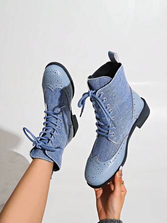 Fall/Winter Women's Fashionable Vintage Carved Patchwork Lace-Up Comfortable Short Boots, Perfect For Christmas Holiday Parties And Occasions,Boots For Women