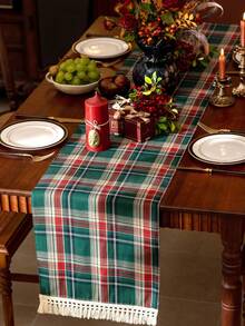 1pc Red & Green Plaid Tassel Trim Christmas Table Runner, Christmas Party Decor Table Runner, Suitable For Winter Christmas Party Home Table Decoration