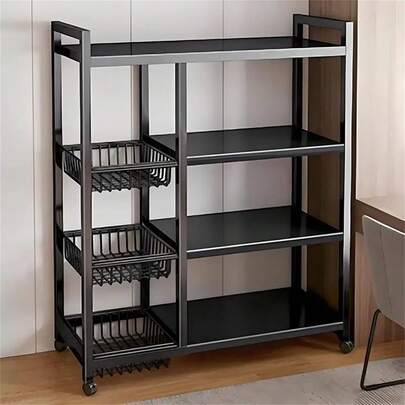 4-Tier Metal Storage Shelf With Removable Baskets - Space-Saving Organizer For Kitchen, Living Room, Bedroom - Rolling Adjustable Storage Rack With Wheels