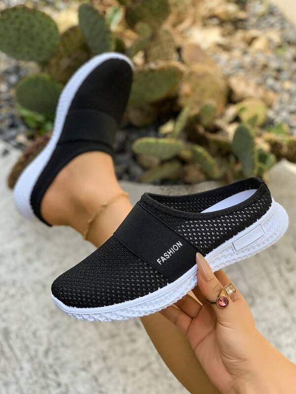 Modische schwarze Mesh-Strick Outdoor-Sportschuhe für Frauen, atmungsaktiv, bequem, rutschfest, Slip-On Lässig Pantoletten