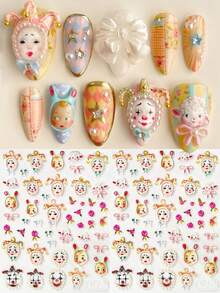 浮雕油画风格小丑可爱美甲贴纸 5D 卡通复古美甲贴花 油画小羊丝带蝴蝶结玫瑰 DIY 美甲装饰浮雕美甲用品 女士/女孩沙龙美甲 - 彩色 - 查看 6