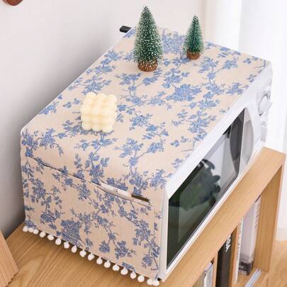 1pc Blue & White Rose Print Microwave Dust Cover, Multifunctional Kitchen Appliance Cover, Oven Anti-Oil Cloth, Suitable For Kitchen & Home Decor