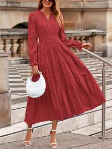 Women's  Fall Wedding Guest Dresses Long Sleeve V Neck Flowy Elegant Holiday Party Maxi Dress With Pockets - Đỏ gạch - Xem 2