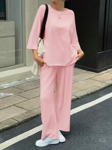 Fisoew Women Two Piece Lounge Set Casual 34 Sleeve Tunic Top And Wide Leg Pants Cozy Fall Outfits Y2K Matching Sets Soft Travel Loungewear Breathable Jogger Suit - 粉紅色 - 查看 5