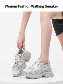 somiliss 6厘米厚底系带网面水钻女式运动鞋，休闲运动鞋，时尚厚底户外步行鞋，灰色，四季皆宜 - 灰色 - 查看 7