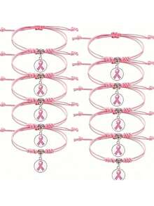 1/5/10pcs Pink Ribbon Woven Bracelets - Adjustable Jewelry Set For Women - Breast Cancer Awareness Month Support Gift - Multicolor - View 6