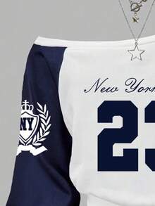 Tween Girl Numeric Print Contrast Color Shoulder Sweatshirt And Sweatpants Set