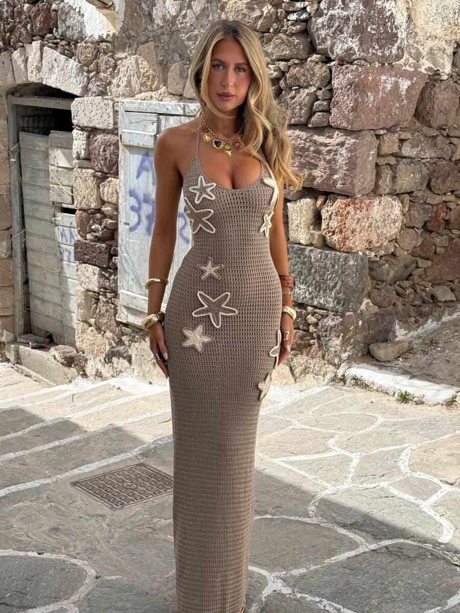 Women's Halter Neck Knitted Dress - Casual Summer Star Patch Backless Bodycon Party Dress For  Beach Club Streetwear Fun - Màu Khaki - Xem 1