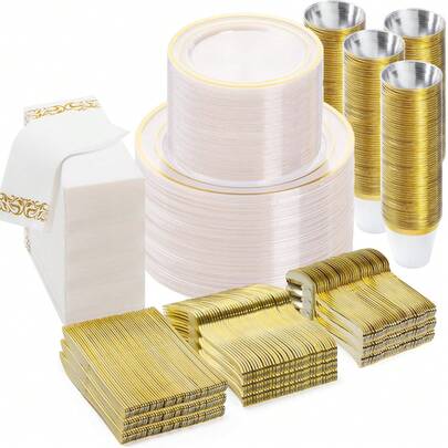 175PCS Clear Gold Dinnerware Set For 25 Guests, Plastic Plates For Party, Wedding, Include: 50Plastic Plates, 25 Gold Silverware, 25 Cups, 25 Napkins