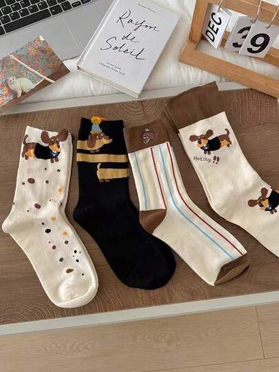 4 Pairs Random Autumn Colorful Polka Dot Dog Cute Versatile Cartoon Dachshund Women Mid-Calf Socks