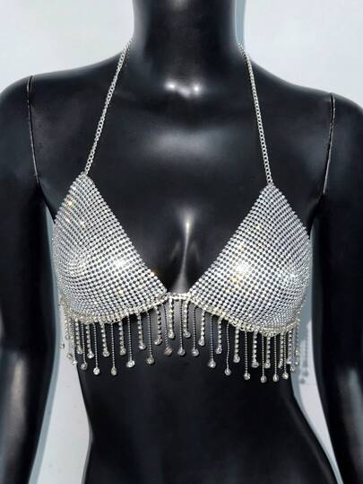 1pc Women's Rhinestone Metal Sexy Cute Minimalist Tassel Metal Chain Spaghetti Strap Tank Top, Suitable For Party, Bar, Music Festival, Holiday, Daily Wear