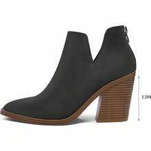 Women's Slip-On Ankle Boots – Cutout Pointed Toe Chunky Mid Heel Booties For Casual, Work & Daily Wear - Black Nubuck - View 6