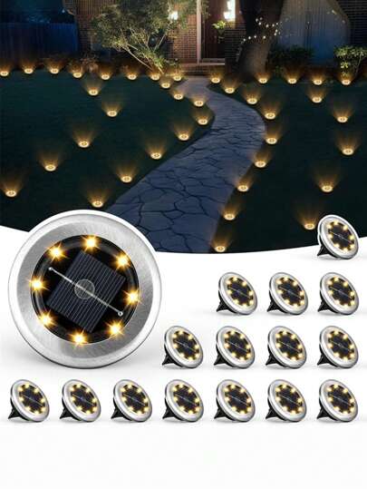 12/8/4/2 Packs Of 8 LED Solar In-Ground Lights, Underground Courtyard And Lawn Spotlights, Solar Charging, Quick And Easy Ground Plug Installation, Stainless Steel Disc Lamp Body, Solar Floor Lamps, Courtyard Lighting, Suitable For Courtyards, Gardens, Paths, Driveways And Lawns.