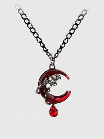 Gothic Style Red Agate Crescent Moon Rose Asymmetric Tassel Pendant Necklace, Fashion Creative Gothic Design For Women, Red Moon, Halloween