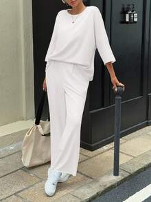 Fisoew Women Two Piece Lounge Set Casual 34 Sleeve Tunic Top And Wide Leg Pants Cozy Fall Outfits Y2K Matching Sets Soft Travel Loungewear Breathable Jogger Suit - 白色 - 查看 7