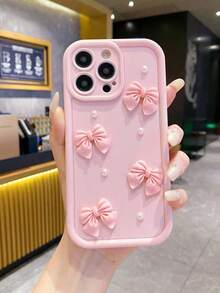 1pc Cute 3D Pink Bow Faux Pearl Phone Case, Compatible With IPhone 16/16PRO /16E/ 15 14 13 12 Pro Max Plus 11/ XR, Shockproof Protective Cover For Women - Pink - View 1