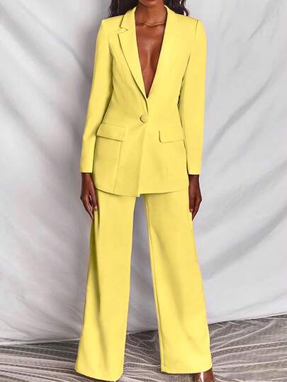 Women's Solid Color Long Sleeve Blazer And Pants 2 Pieces Suit Set Spring