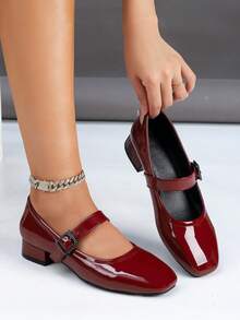 1 Par de Sapatos Boneca Marrom Vinho e Preto Clássicos de Couro Envernizado Femininos, Estilo Retrô Elegante Francês, Bico Quadrado Salto Grosso de 3cm, Elegante e Versátil para Trabalho e Transporte