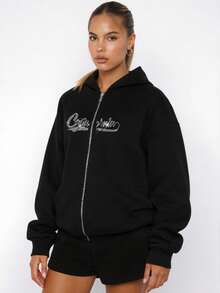 女士休闲原宿风水钻印花拉链连帽卫衣，适合秋冬季穿着 - 黑色 - 查看 4