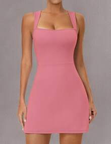 Tennis Dress Women Athletic Dress With Built In Shorts Active Workout Casaul Dresses - 黑色 - 查看 9