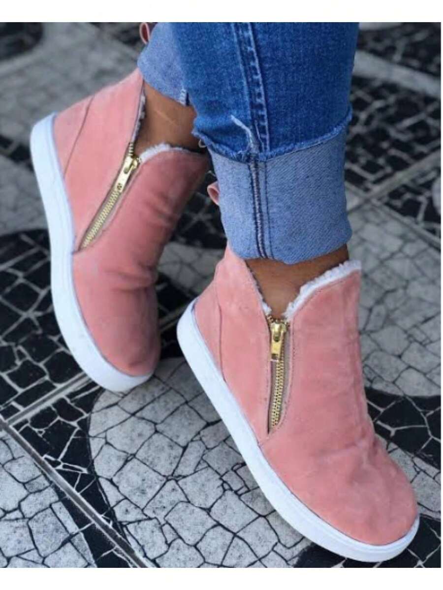 Boots With Plush Fur Zipper Comfortable Sneakers Easy To Put On Booties Winter - 乾枯玫瑰色 - 查看 1