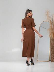 Long Dress With Short Sleeves With Belt Formal And Evening V775 - Rust Brown - View 4