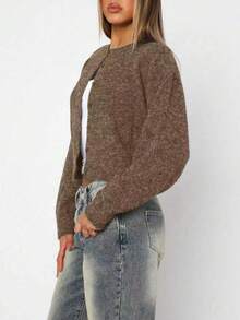Chaqueta de punto tipo cárdigan de cuello redondo minimalista de un solo botonadura y color liso, nueva colección de otoño - Marrón - Ver 4