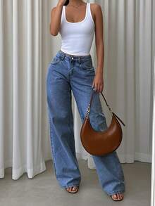 Retro Hong Kong Style High Waist Loose Straight Leg Jeans, Wide Leg Denim Trousers, Versatile Floor-Length Pants, For Autumn