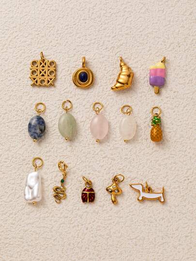 1Pc Fashion Simple DIY Necklace Accessories Stainless Steel Snake Horn Wrap Blue And White Stone Beetle Ice Cream Pineapple Mushroom Pearl Stainless Steel Pendant, Electroplated 18K Gold, Waterproof And Sweatproof, Suitable For Daily And Party Wear, Valentine's Day Gift, Women's Gift, Women's Jewelry