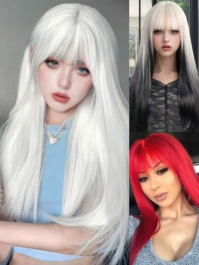 Long Straight Synthetic White Wig With Bangs For Women Wigs Party Cosplay Wear Wigs Heat Resistant Red Wigs For Fashionable Girl Daily School Party Use,Halloween Role Playing