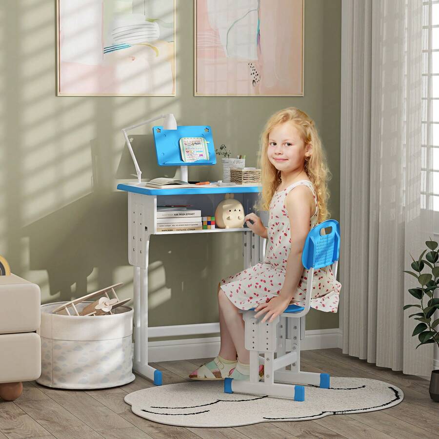 HOMCOM Kids Desk And Chair Set Adjustable Height Study Table Set W/ Drawer, Book Stand, Pen Slot - Blue - Blue - View 1