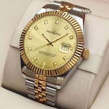 PROKING 1pc 40mm Men's Watch, Luxury Business Waterproof Stainless Steel Case & Band Quartz Watch With Calendar, Luminous Pointer, Black Dial With Rhinestones, Suitable For Daily Wear, Birthday Gift - Gold - View 3